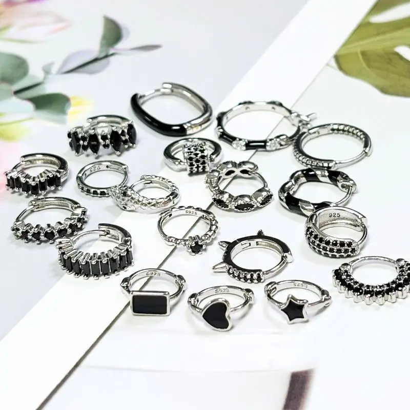 925 Sterling Silver Ear Needle Silver black zircon earrings for women ins Geometric earrings Fashion High Jewelry accessories