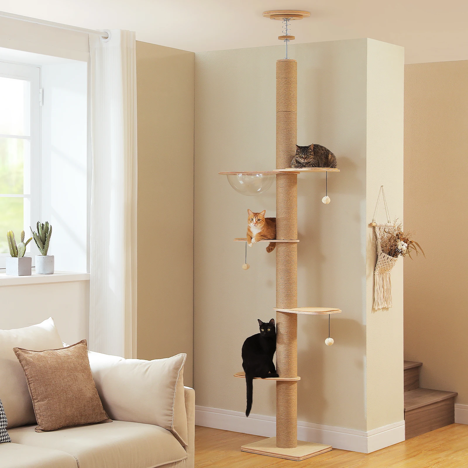 Arbre à chat du sol au plafond pour chats d'intérieur, tour à chat en bois à hauteur réglable avec poteaux à gratter épais, grotte en acrylique et jouets pour chats