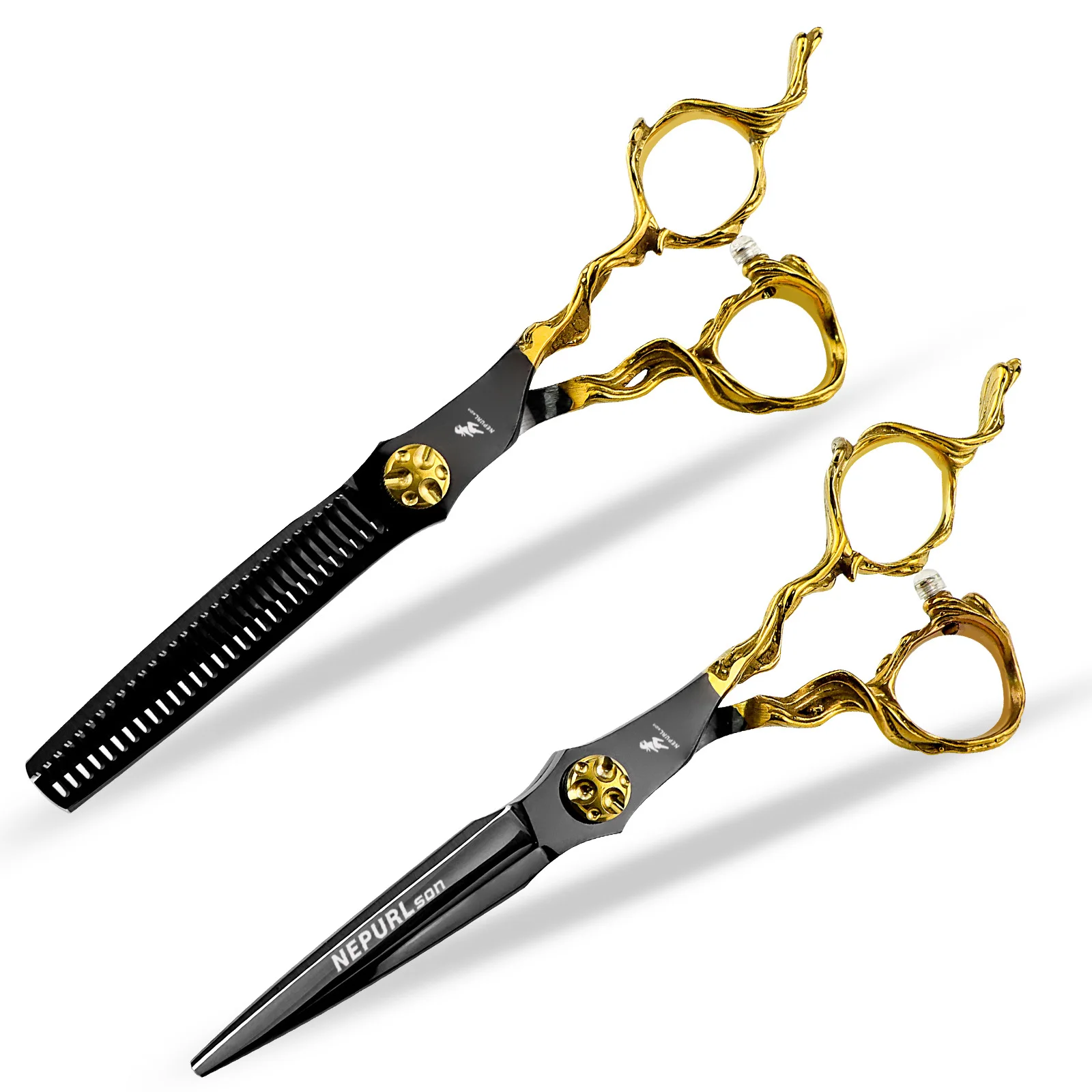 NEPURLSON 6.0-inch golden handle black blade hair scissors with flat cutting teeth and clipper function