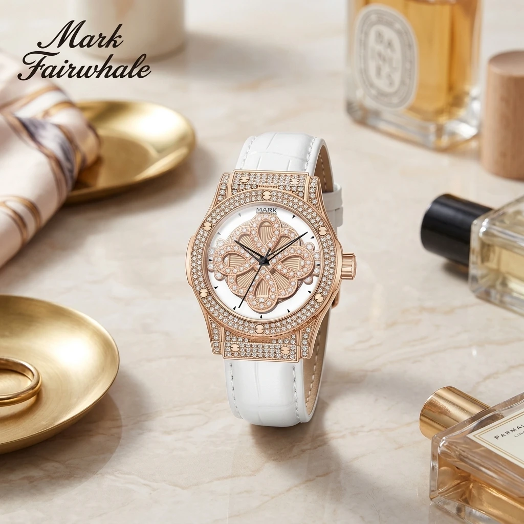 Women Round Quartz Wristwatch Mark Fairwhale 3D Clover Crystal Dial Diamond Encrusted Case Leather Band Ladies Watch