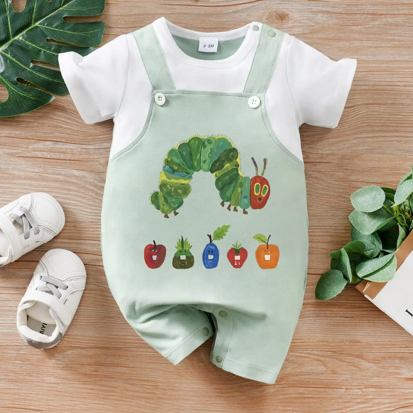 Ropa de bebé recién nacido, mono infantil con estampado de oruga Animalgreen, pijama de una pieza de manga corta para niño pequeño, mono de verano