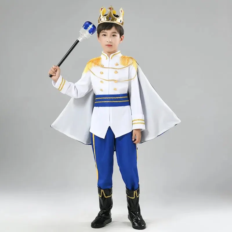 7 Pieces Boys King Carnival Costume Medieval Royal Prince Full Set Outfits for Halloween Birthday Party Fancy Dress Up