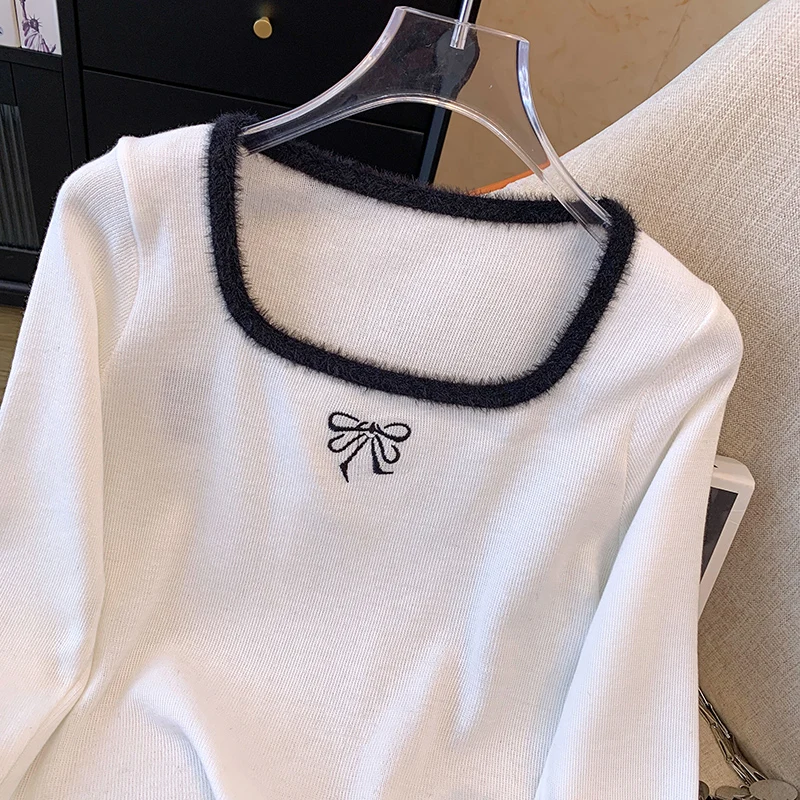 ผู้หญิงถักแขนยาวฤดูหนาวสํานักงานสัมผัสนุ่มยืดเสื้อสวมหัวสบายๆ ​   เสื้อสลิมฟิตคอเหลี่ยมสีทึบ