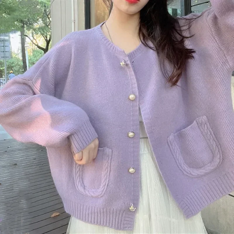 Korean Style Candy Color Cardigan Women Pocket Single-breasted Autumn Winter Knitwear V-neck Cardigan Cute And Sweet Jacket Y2k