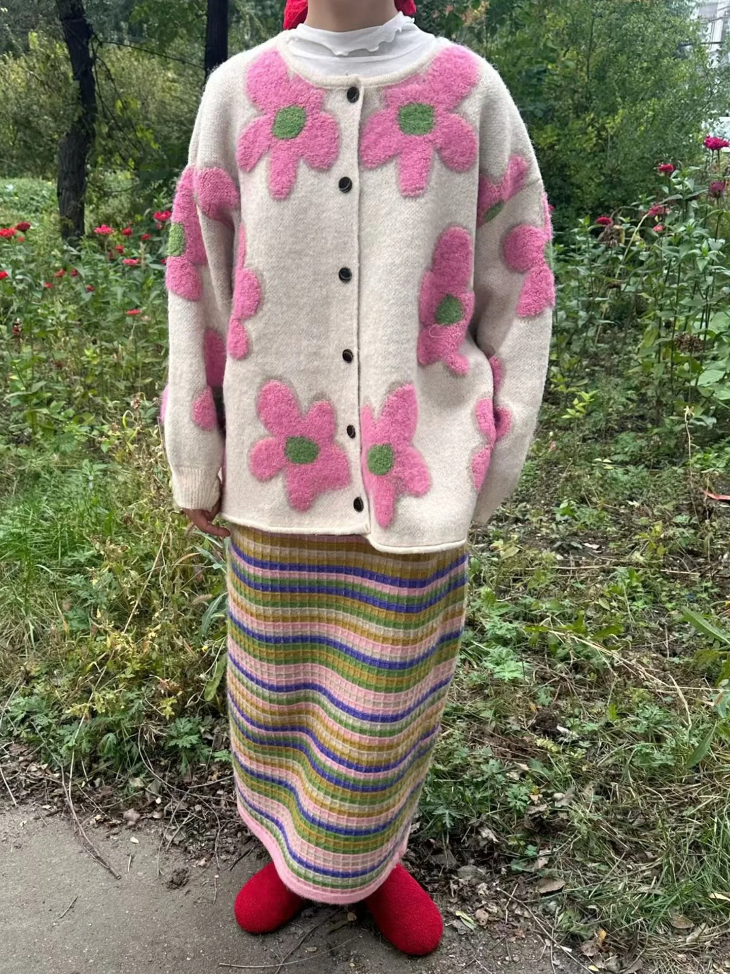 

Autumn Winter Floral Knitted Sweater Coat And f Skirt Set plus Size Women's Pastel Stripes Cozy Warm Breathable Faion