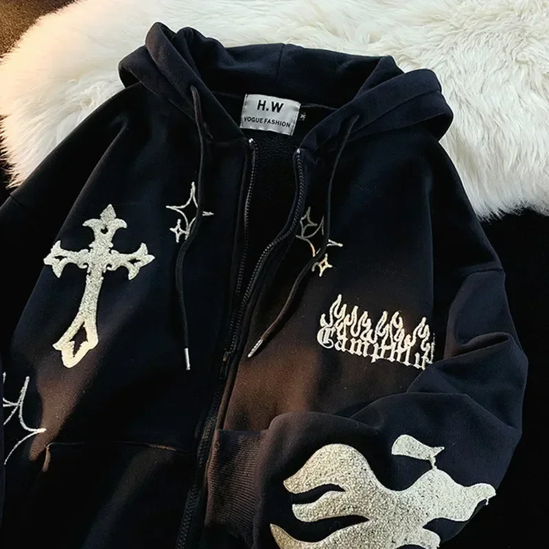 Sudadera con bordado Harajuku para mujer, sudaderas con cremallera de gran tamaño, ropa de calle gótica de Hip Hop con capucha, Sudadera con capucha