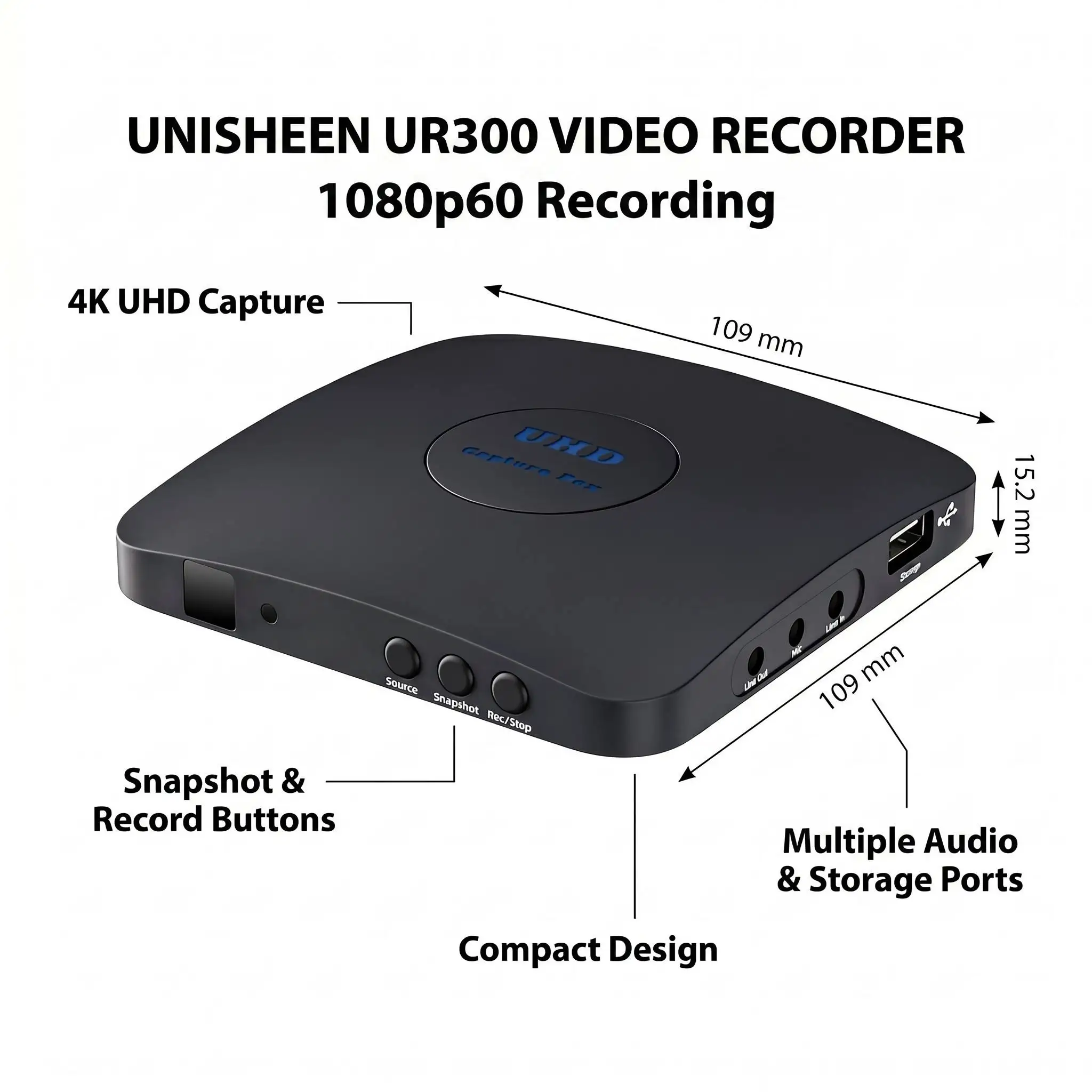 UNISHEEN UR300 StandAlone 1080p HD Video Recorder for VHS/VCR to Digital Converter HDMI VGA RCA YPbPr Input Remote Control No PC