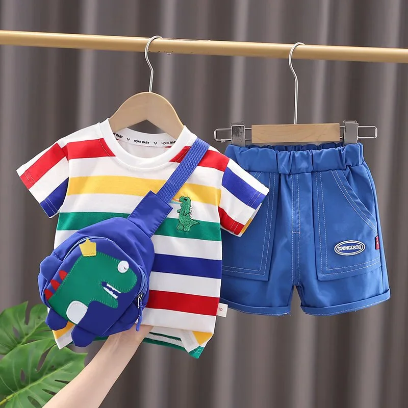 

Summer Cute Cartoon Dinosaur Fashion Children O-neck T-shirt+Shorts+Bag Toddler Baby Boys Girls Clothes Set New Kids Tracksuits