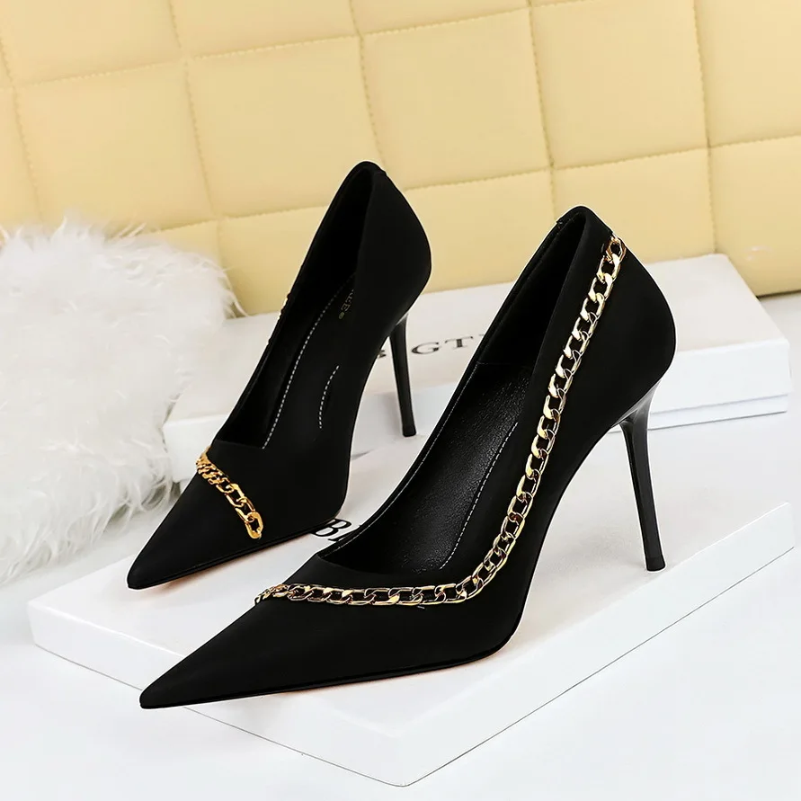 

Sexy Nightclub Slim Super High Heels Shallow Mouth Pointed Metal Chain Women's Single Ladies Shoes Women Pumps туфли женские