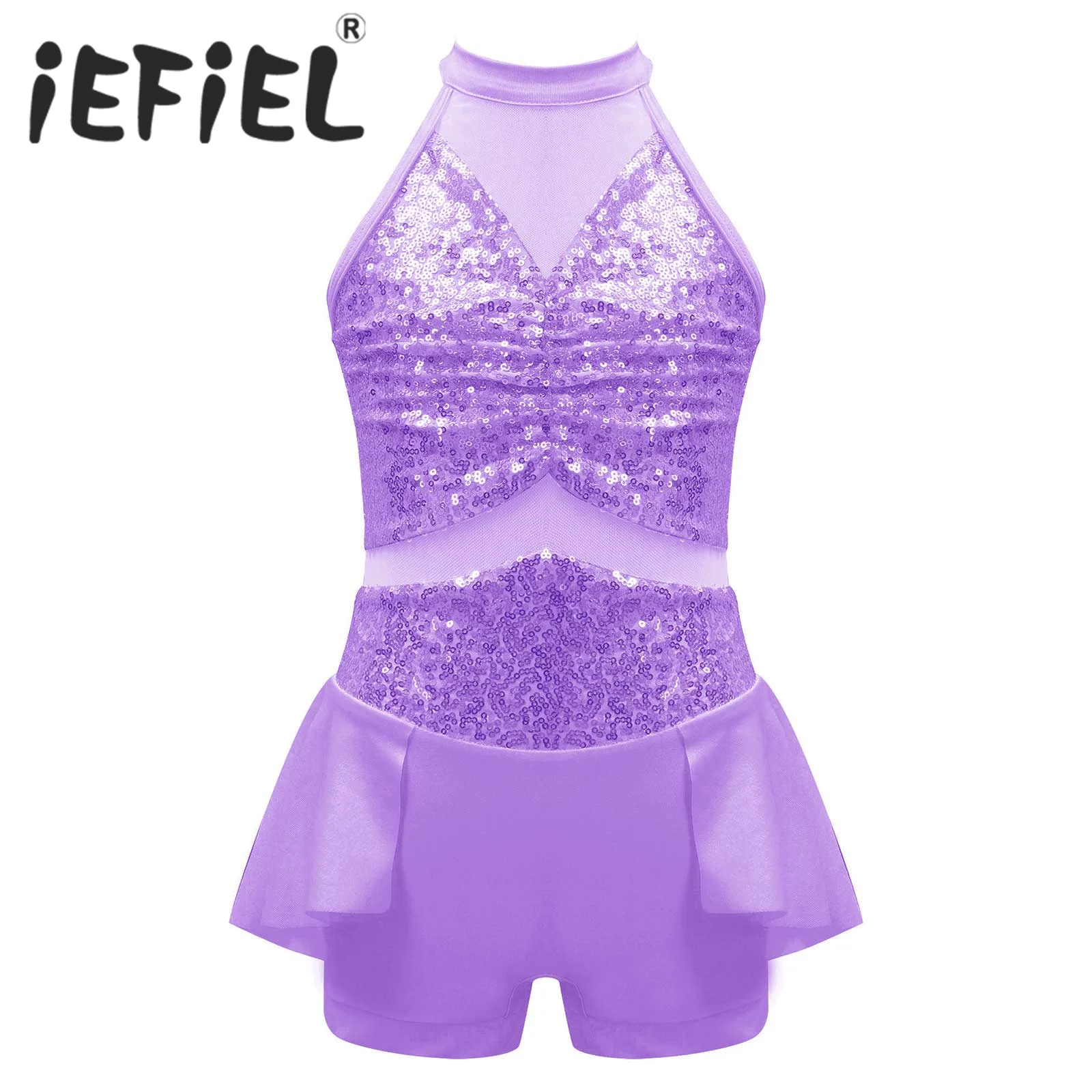 

Sequins Kids Girls Ballet Leotard Dress Halter Neck Sleeveless Backless Gymnastics Workout Bodysuit Romper for Stage Performance