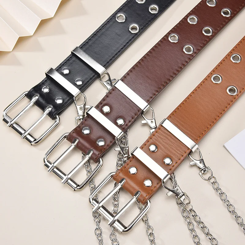 women luxury fashion split leather belt goth punk dress double pin buckle chain belts brand designer strapon ladies waistband