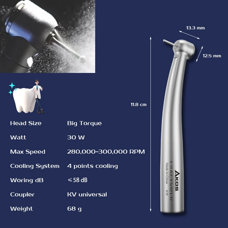 AKOS Dental High Speed Handpiece Fiber Optic Air Turbine LED KV Coupler Ceramic Bearing Quattro Spray Torque Push Button