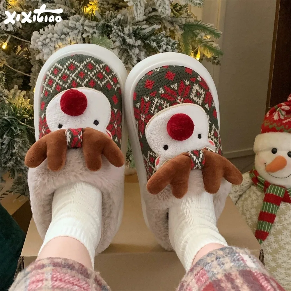 Women Slippers Christmas Reindeer Man Winter Indoor Cartoon Warm Comfort Bedroom Soft Sole Lightweight Cotton Home Shoes