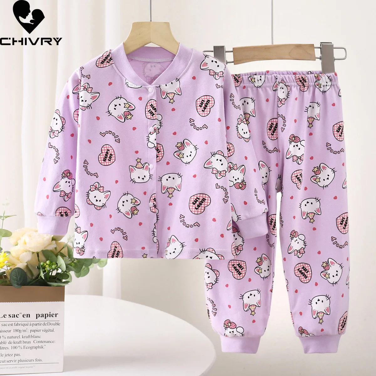 Kids Pure Cotton Pajamas Boys Girls Cartoon Long Sleeve T-Shirt Tops + Pants Toddler Baby Autumn Sleepwear Casual Home Wear
