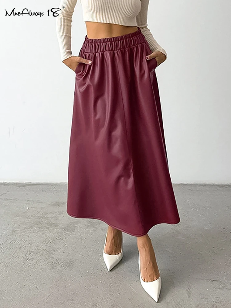 

Mnealways18 Wine Red Faux Leather A-Line Skirts Women High Elastic Waist Pu Elegant Midi Skirts Office Ladies Autumn Winter 2024