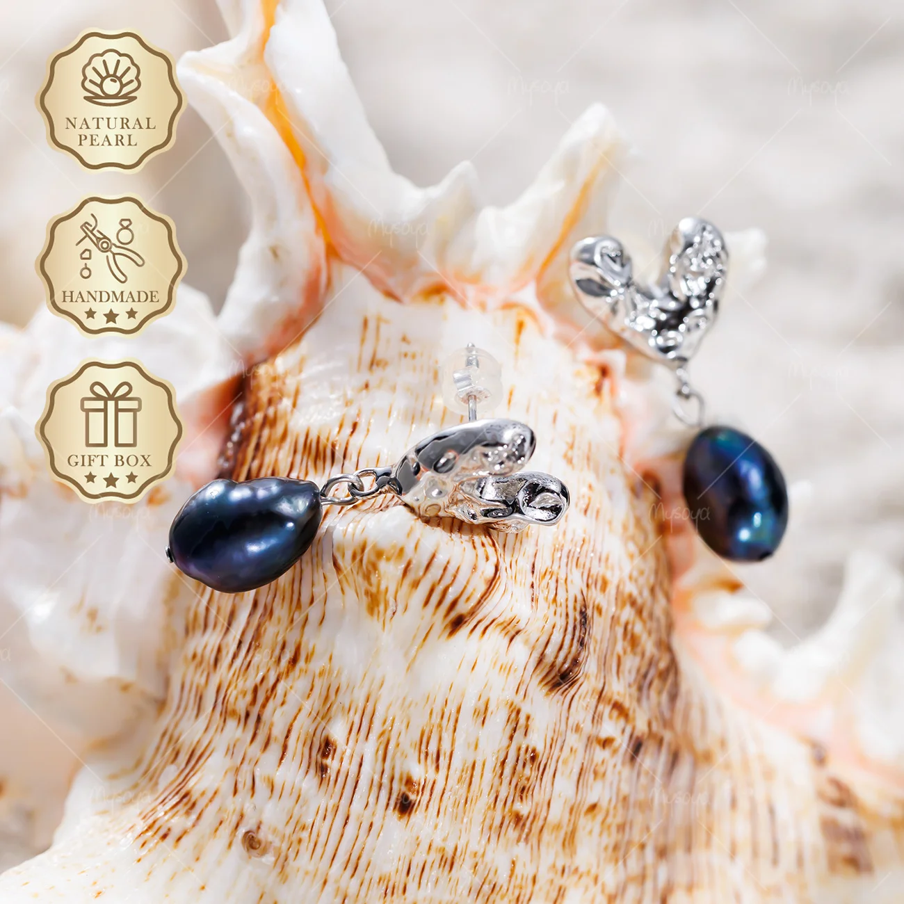 

MYSOYA 8-9mm Black Baroque Pearl Stud Earrings Silver Heart Studs, Gift Box, Sweet Jewelry S469