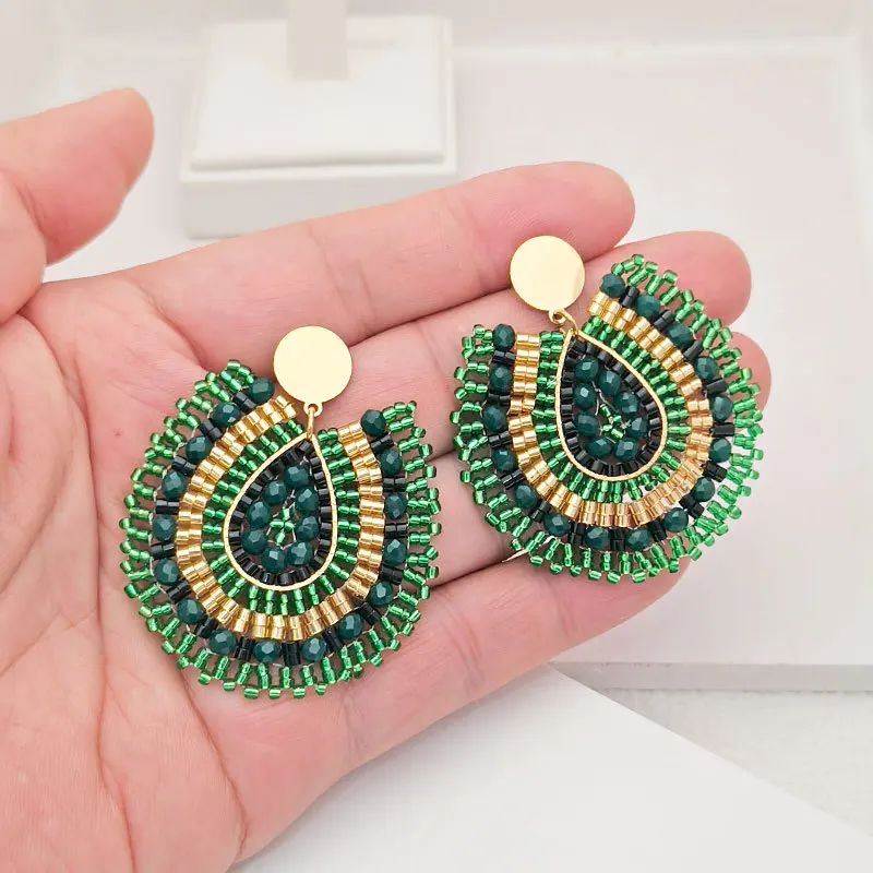 ZGMXR Green Crystal Water Drop Earrings Gradient Color Hand Knitting Alloy Bohemia Fashion Beaded Earrings Hollow out Rice Bead