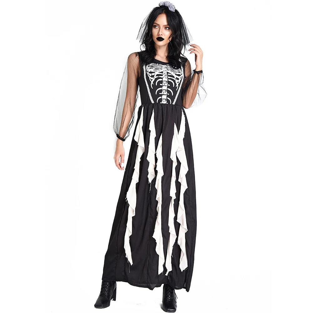 Halloween Adult Scary Skull Ghosts Bride Costume Women Zombie Vampire Cosplay Carnival Party Day of The Dead Dress Up