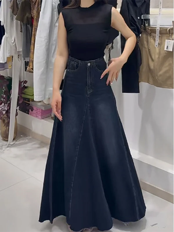 

Ретро-юбка А-силуэта из синего денима в американском стиле, с завышенной талией, скрывающая бедра, для женщин, в стиле INS, стройнящая, миди