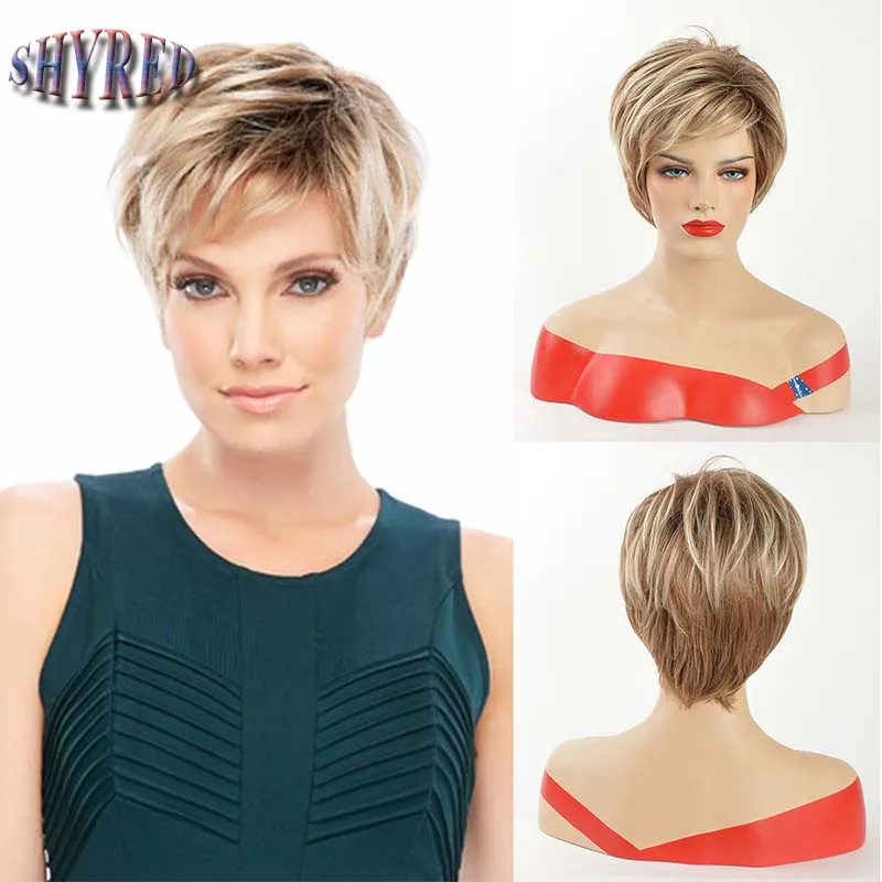 

Short Pixie Cut Mixed Brown Synthetic Wigs Curly Layered Wig with Fluffy Bangs for Women Daily Heat Resistant Hair