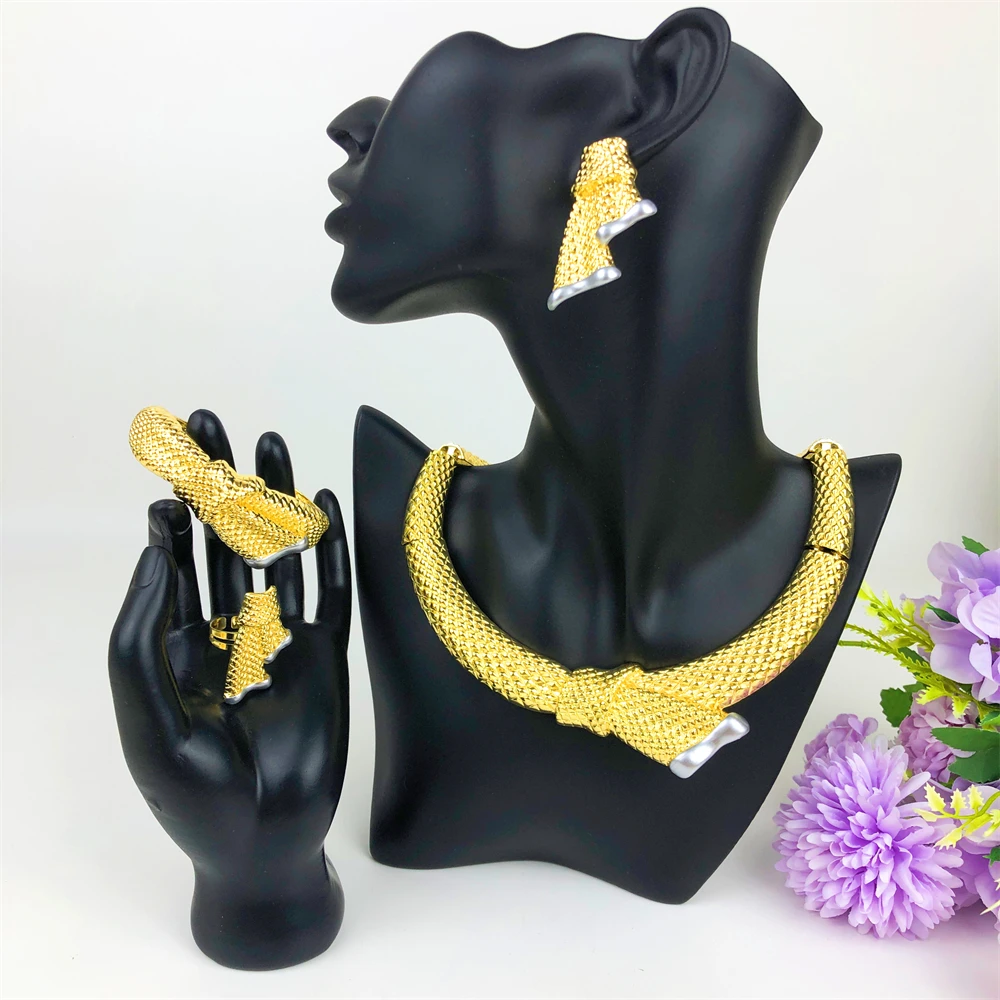 

New 18K Gold Plated Women Jewelry Set Minimalist style Necklace Hoop Earrings Bracelet And Ring For Party Good Quality