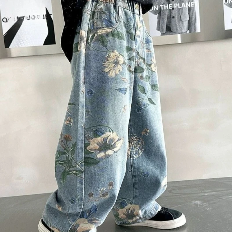 

2025 New Boys Jeans Streetwear Trendy Spring Autumn Toddler & Big Kids Elastic Waist Casual Wear Long Pants for Street Dance