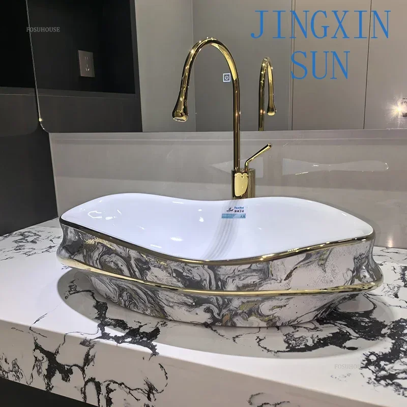 Wave Shaped Irregular Bathroom Sinks Countertop Sink Light Luxury Ceramic Single Basin Home Balcony Washbasin Bathroom Fixture B
