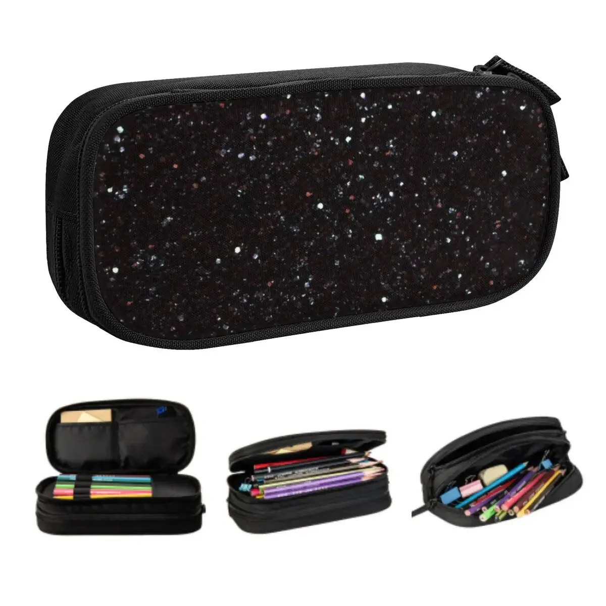 

Custom Black Sparkle Diamond Cute Pencil Cases Boy Girl Large Capacity Bling Rhinestone Pencil Pouch Student School