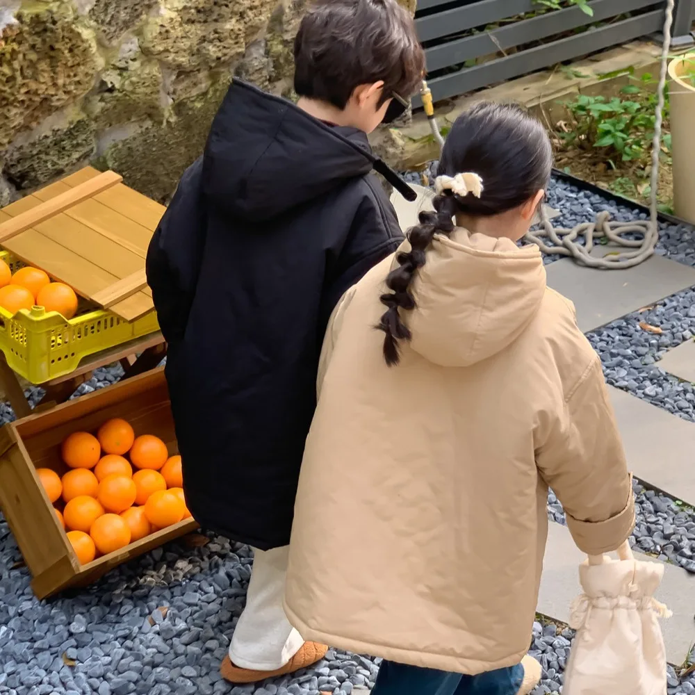 Manteau d\'hiver moyen long pour enfants, sweat à capuche décontracté pour garçons et filles, optique coréenne, bouton en corne, haut pour enfants,