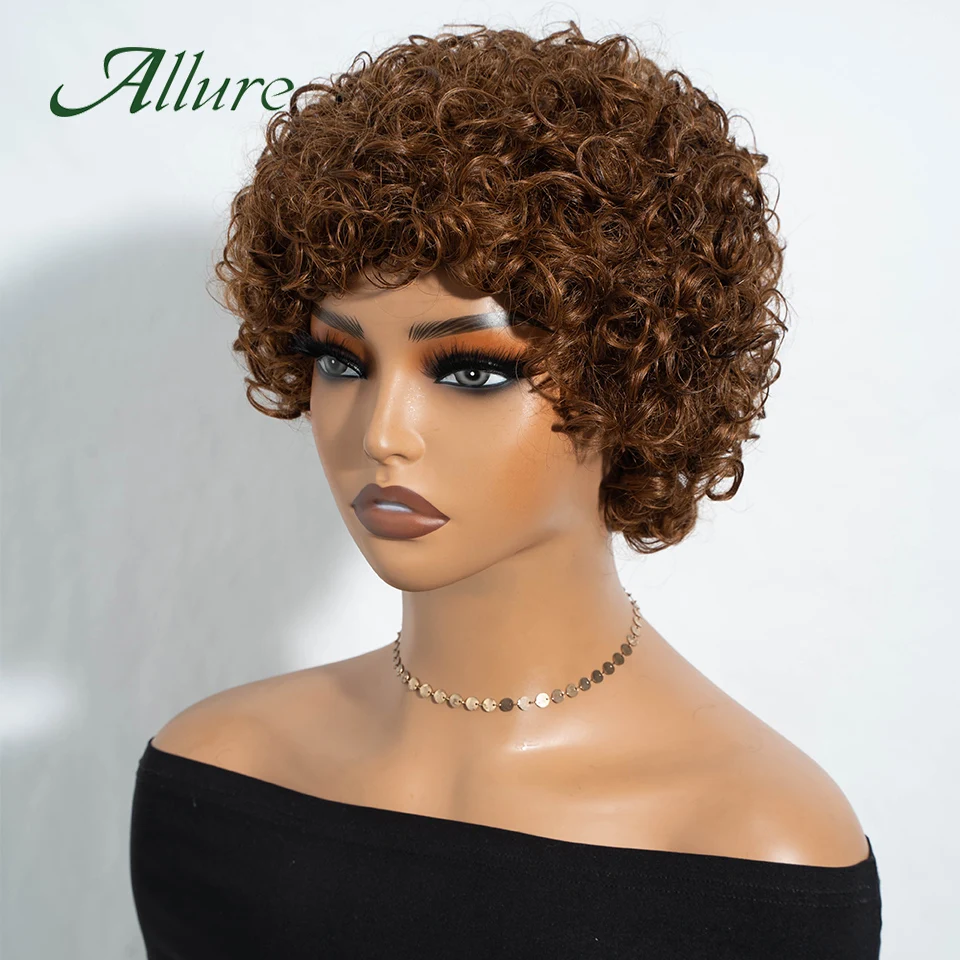 Brazilian Jerry Curly Human Hair Wigs for Black Women Short Pixie Afro Kinky Curly Wig With Bangs Brown Colored Hair Wig Allure