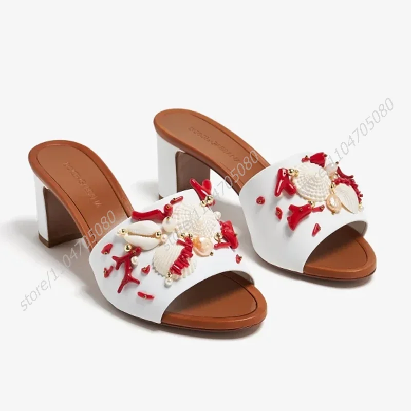 

Red White Shell Tassel Jeweled Slippers Women Low Chunky Heel Black Leather Sandals Summer Green Round Open Casual Roman Shoes