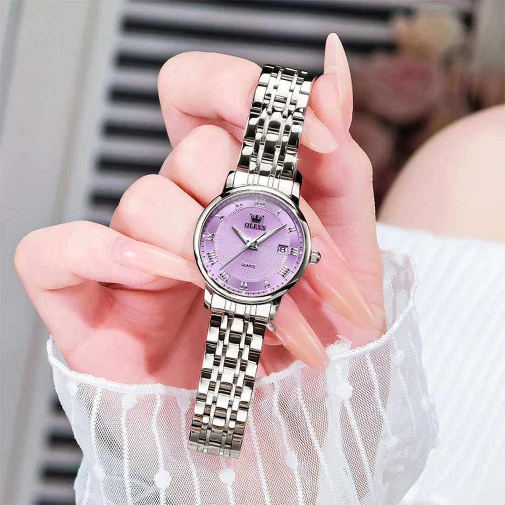 

OLEVS новые роскошные модные стальные часы для женщин, повседневный браслет, водонепроницаемые кварцевые фиолетовые часы, подарок для подруги