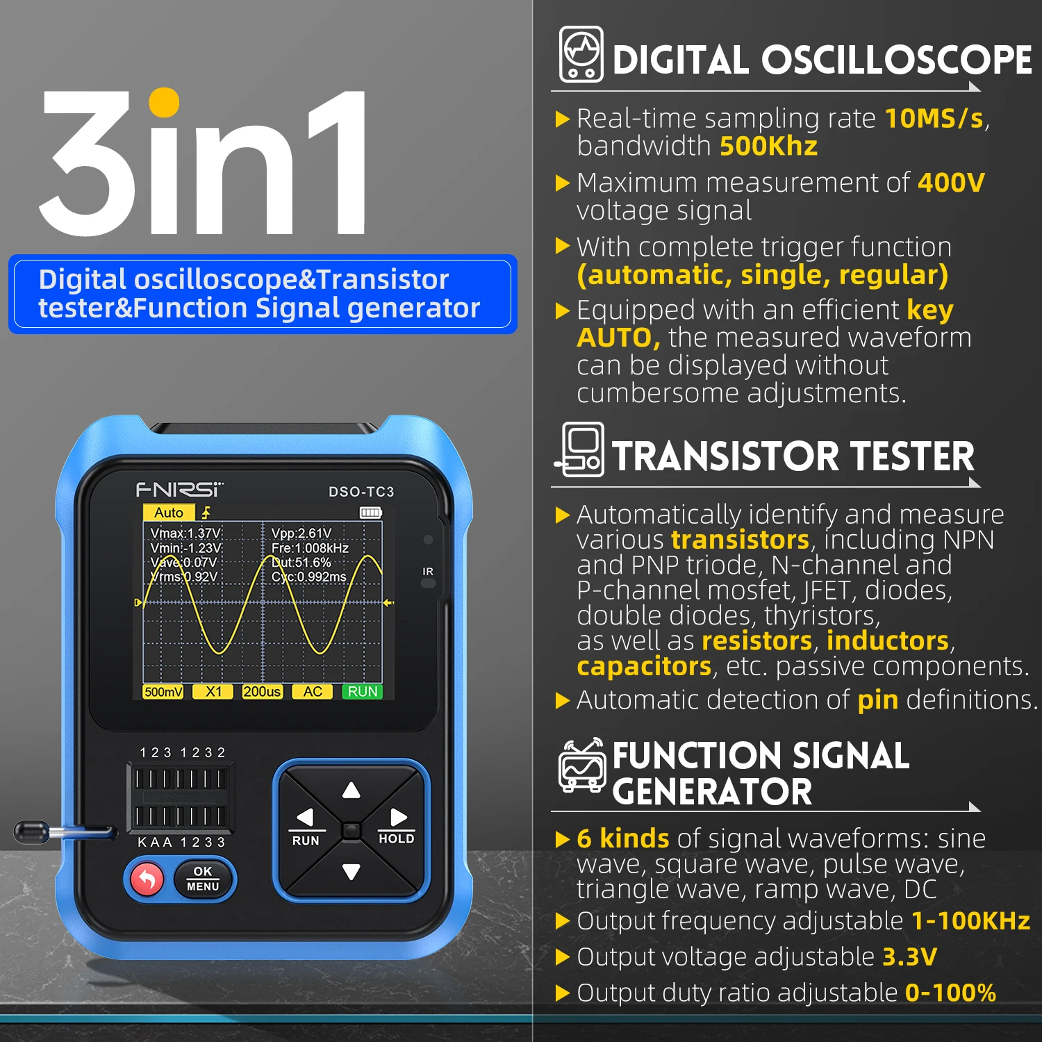 FNIRSI DSO-TC3 Portable Digital Oscilloscope Transistor Tester 3 in 1 Multi-function Multimeter Diode Voltage LCR Detect PWM Ou