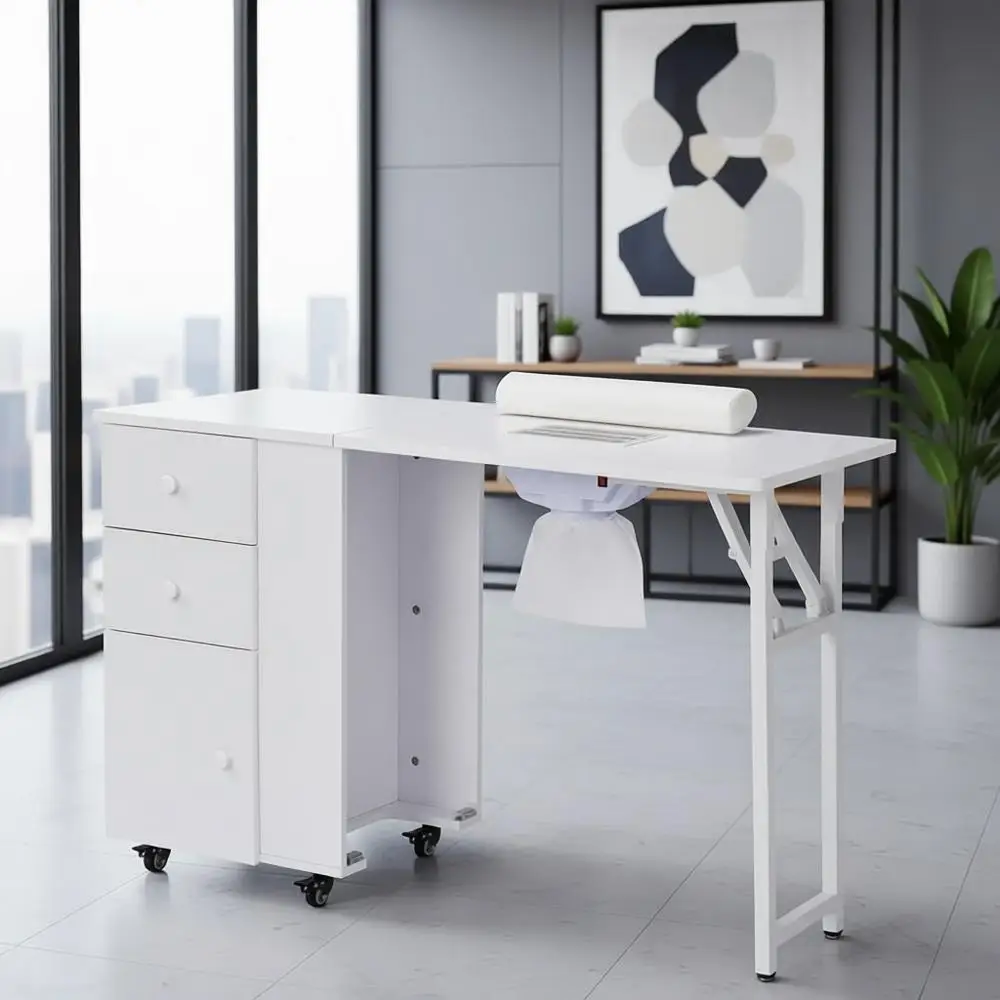 

Durable Electric Manicure Table with Acrylic Storage, Dust Collector, Lockable Wheels, and Cushioned Wrist Rest