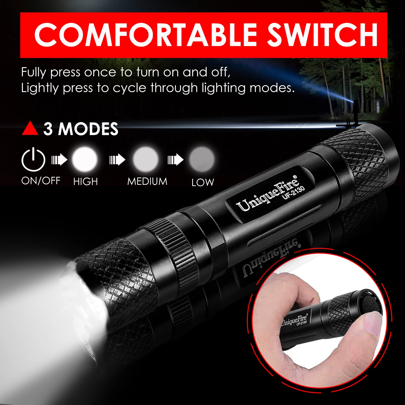 

UniqueFire 2130 Protable LED Tactical Flashlight 3 Modes Adjustable 2500 Lumens Auper Bright Lamp Torch for Climbing Camping