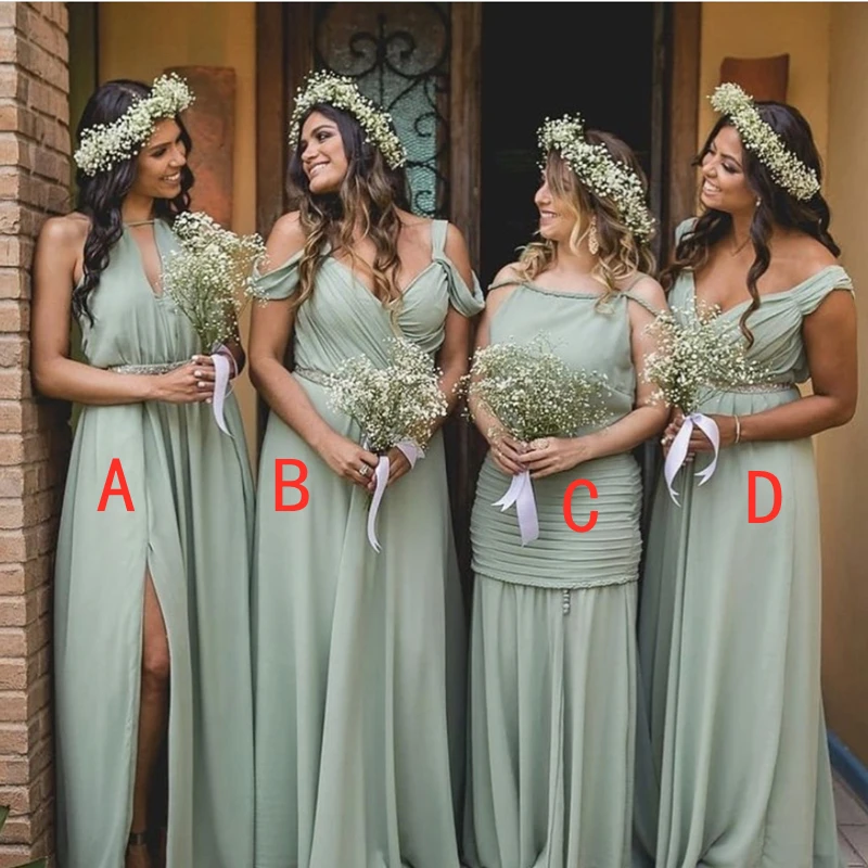 ANGELSBRIDEP Sage Green Bridesmaid Dresses 2023 Chiffon A-Line Off Shoulder Side Split Pleat Floor Length Wedding Party Gowns