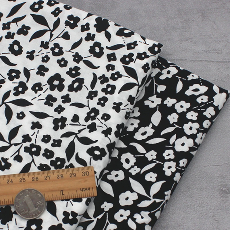 Black and White Cotton Floral Fabric Pastoral Style Printed Cloth for Sewing Clothes DIY Handmade by half Meter