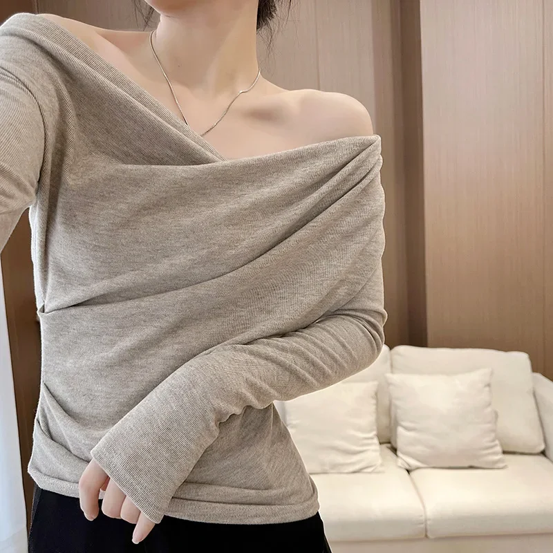 Thickened Fleece-lined Long Sleeve T-shirt Irregular Sexy Nicheoff-the-shoulder Base Layer Top For Winter Unisex