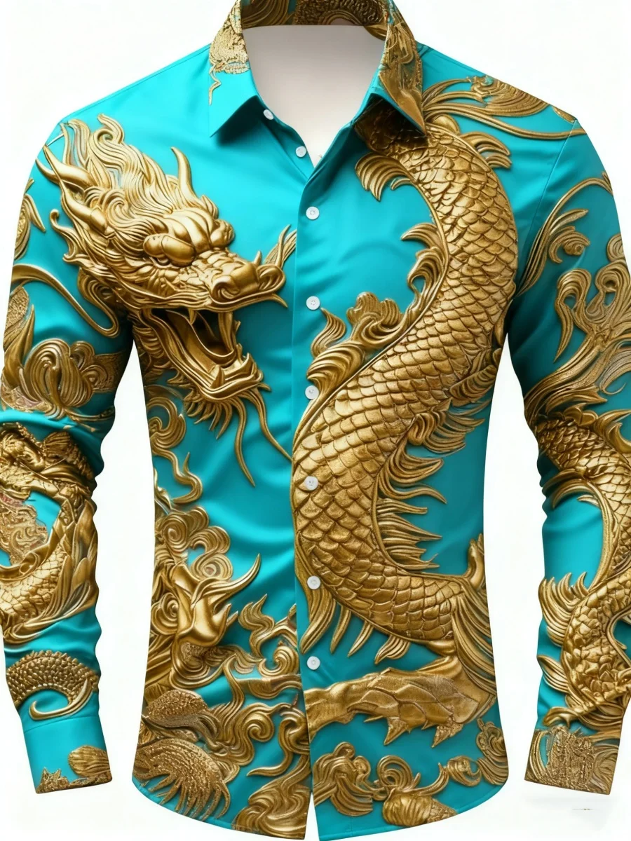 أحدث قميص رجالي عصري بنمط التنين الأسطوري، قميص كاجوال عصري بأزرار سفلية وأكمام طويلة، شحن سريع.