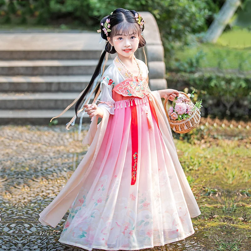 

2022 New Girls Summer Dress Chinese Style Little Girls Super Fairy Ru Skirt Tang Style Antique Dress Pink Butterfly Pendant