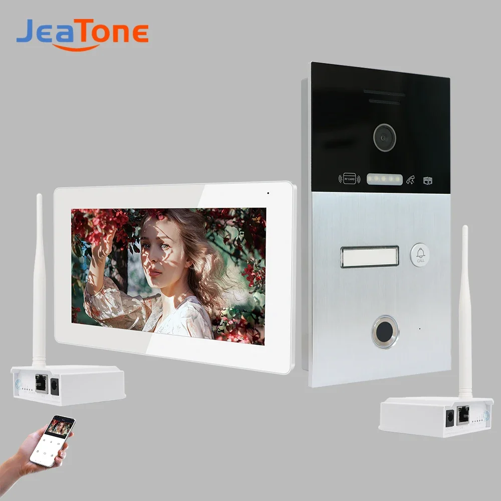 Jeatone 7Inch WIreless Digita IP Video Intercom With Fingerprint Recognition Access Control 720P CAT5/5E Wireless Video Doorbell