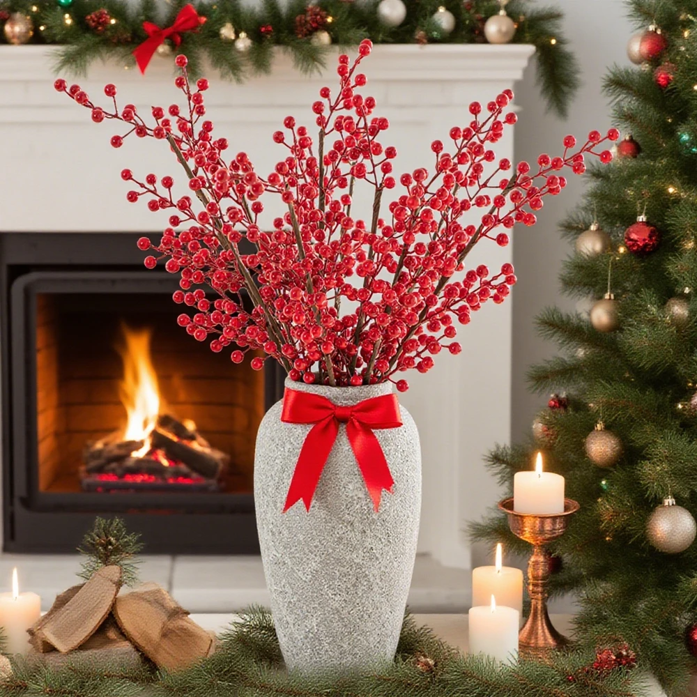 Künstliche Pflanze Holly Little Red Fruit Weihnachten Home Room Vase Tischdekoration Outdoor Garten Blumenstrauß Festival Hochzeit DIY Geschenkbox