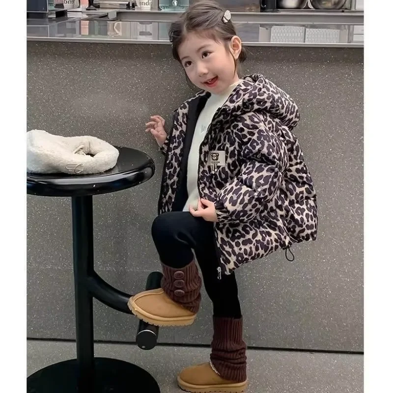 Kids Leopard Print Jacket Winter New Hooded Thick Warm Cotton Coat Boys Girls Down Padded Outerwear 3