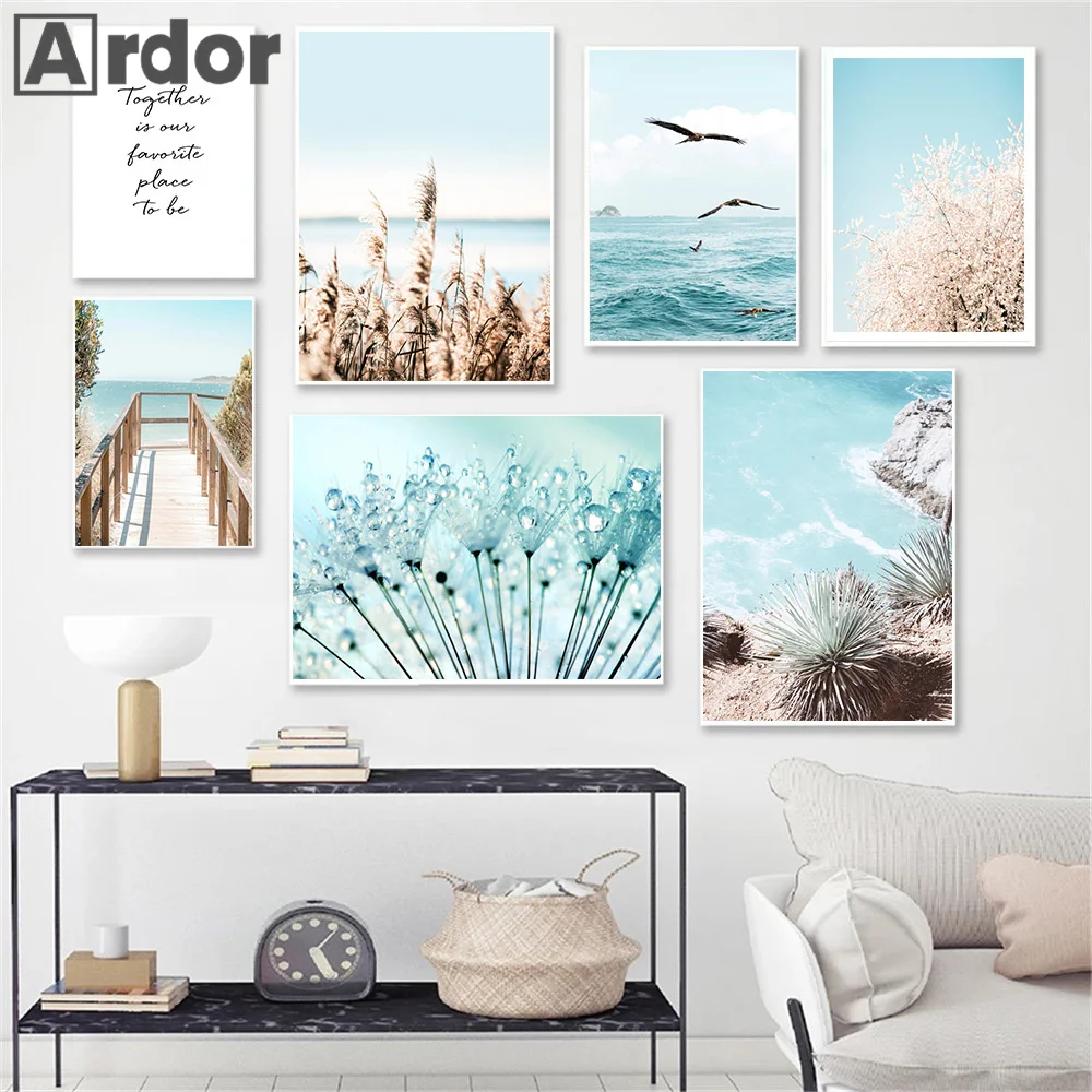 Blue Sea Bird Waves Beach Reed Leaf Posters Flower Landscape Nordic Canvas Painting Wall Art Print Pictures Living Room Decor