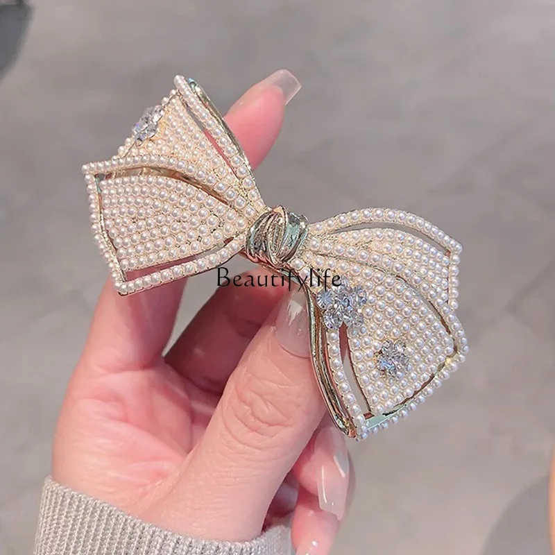 High-Grade Pearl Bow Barrettes Shiny Rhinestone Spring Clip Elegant Girl