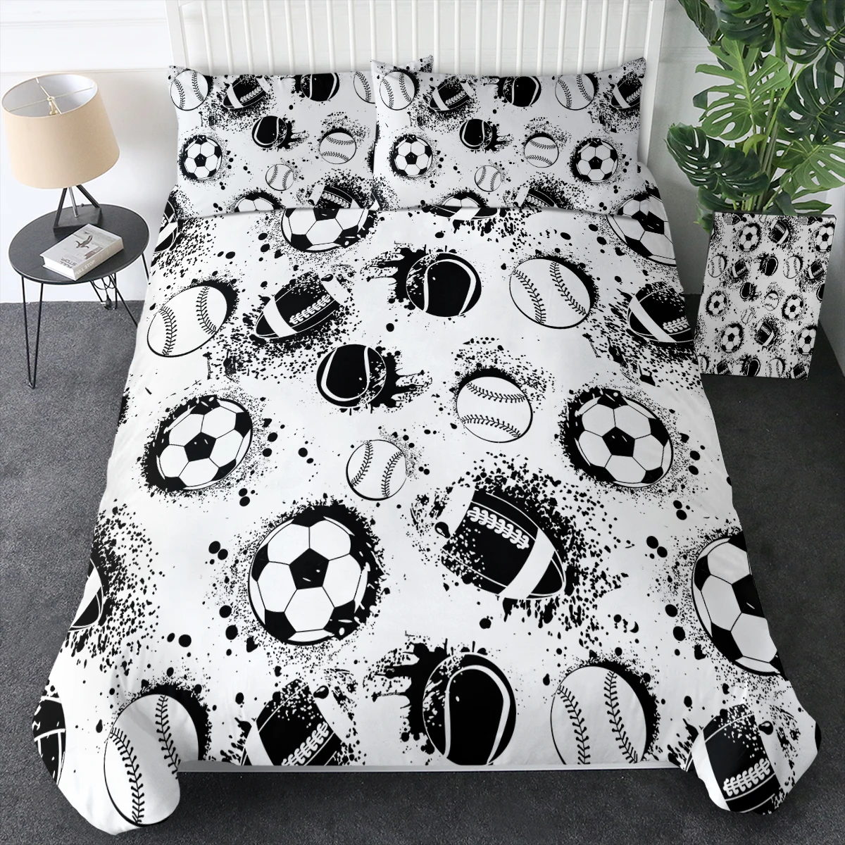 

3pc All Kinds Of Balls Like Soccer Tennis Baseball Rugby Duvet Cover Black and White Comforter Cover 2 Pillowcases