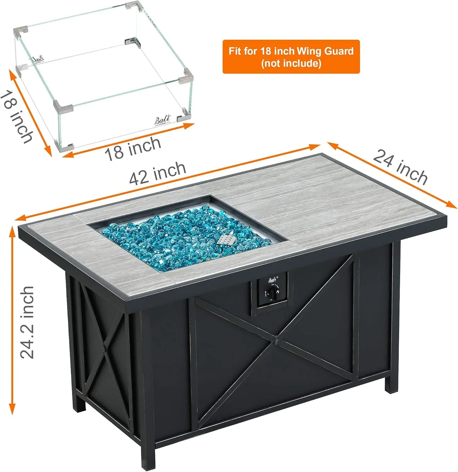 Bali Outdoors 42 Inch 50,000 Btu Rectangular Propane Gas Fire Pit Table With Fire Glass And Table Lid, Fire Pits Outdoor For