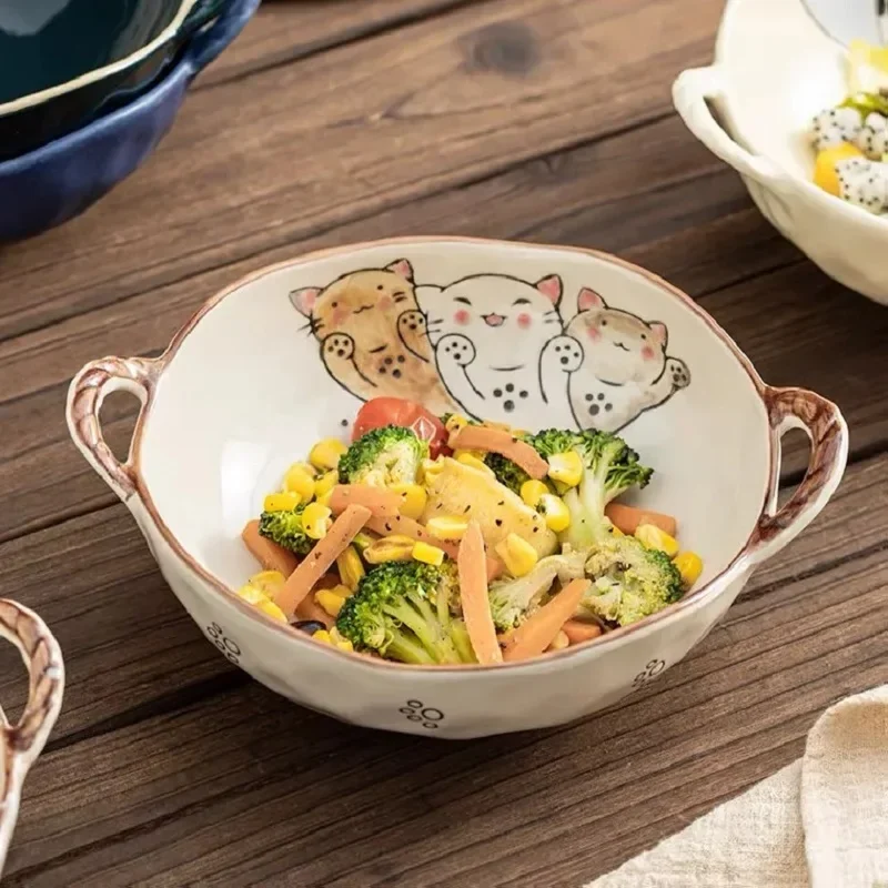 

7.5IN Cat Pattern Ceramic Soup Bowl with Handle Salad Pasta Bowl Kitchen Tableware Microwave Oven Bakware Household Noodle Bowl