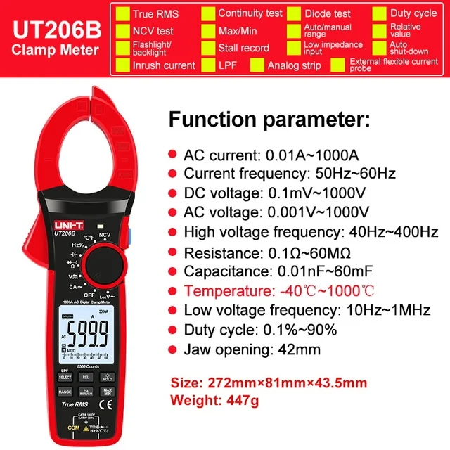 UNI-T UT206UT207B UT208B True RMS digitale stroomtang AC DC stroom 1000A 1000V tang ampèremeter LPF 6000 count amperimetrische stroomtang