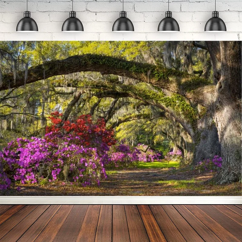 Photography Backdrop Green Forest Trees Purple Flowers Sunshine Landscape Background Poster Photo Studio For Decoration Banner
